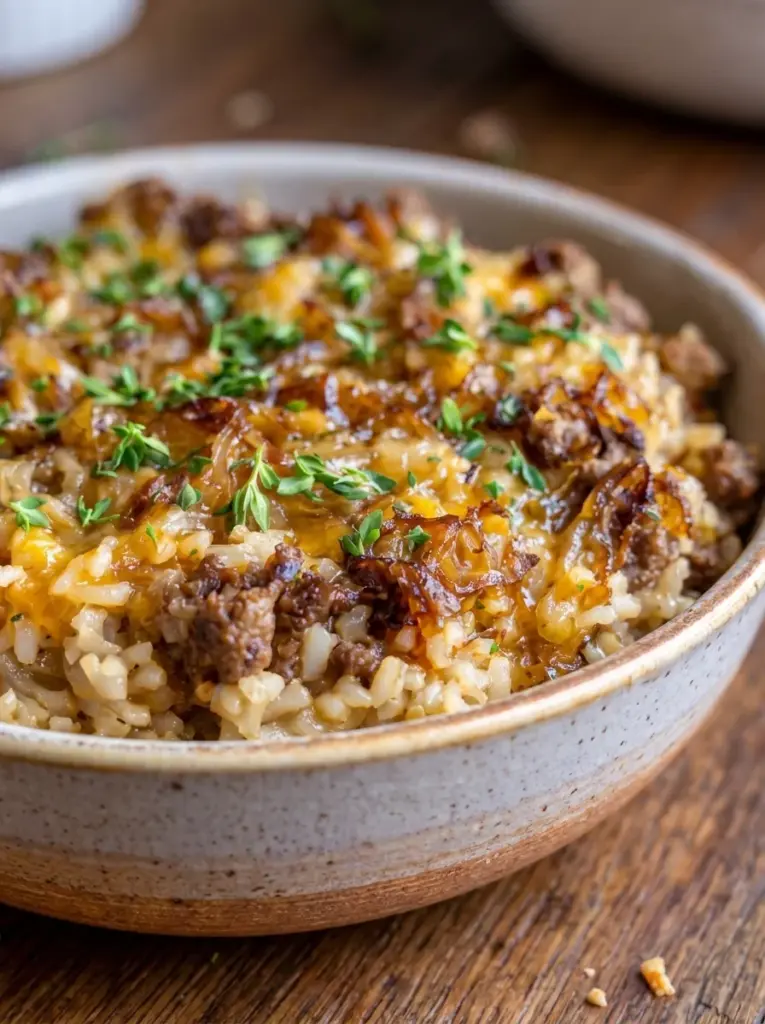 Cheesy French Onion Beef Rice Casserole